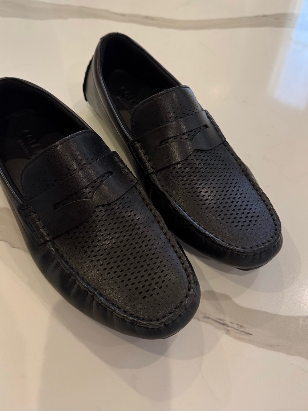 Cole Haan Black Perforated Leather Penny Loafers - Classic Slip-On